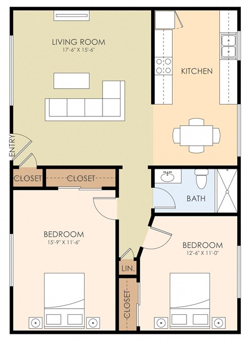 Floor plan for 2 beds, 1 bath, 913 sqft